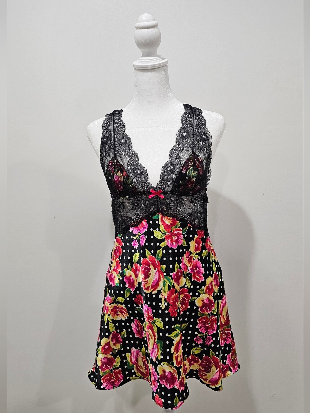 Victoria's Secret Black Chemise with Pink Floral Print and Lace